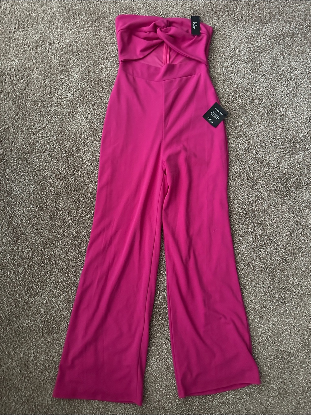 Lulu's Strapless Twist-Front Wide Leg Jumpsuit in Hot Pink